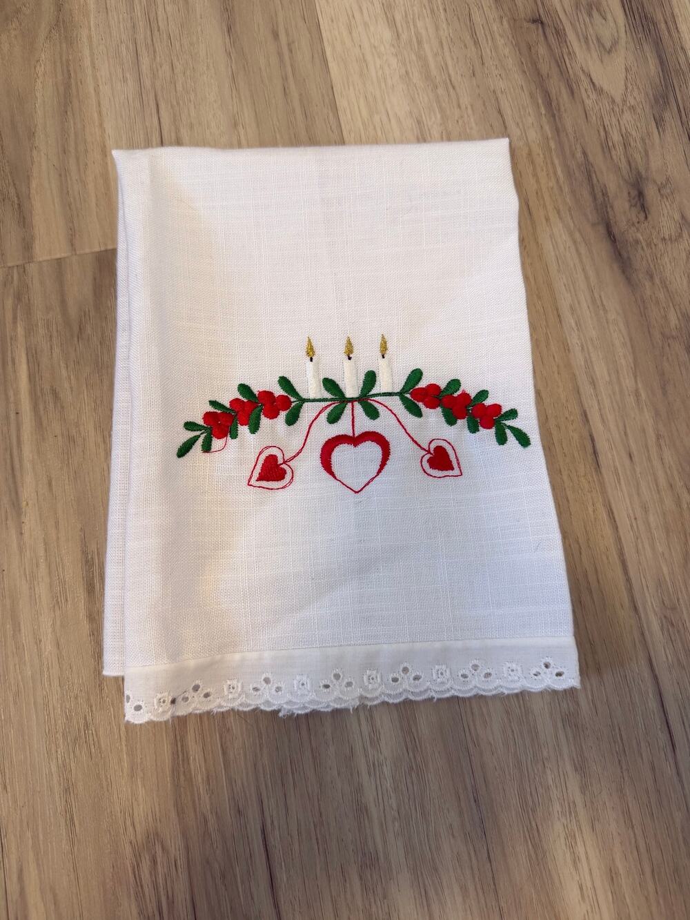 Vintage Christmas Hand Embroidered Linen Tea Towel Candle Red Green
